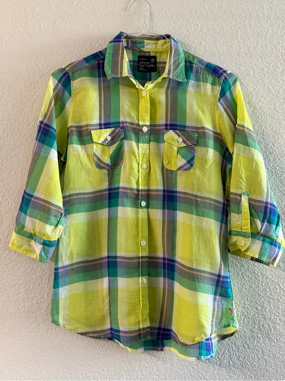 American Eagle Outfitters Favorite Fit Green Plaid Button-Up Shirt